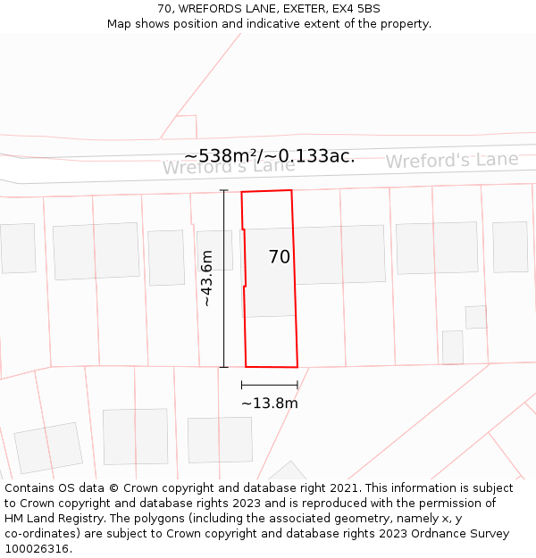 70, WREFORDS LANE, EXETER, EX4 5BS: Plot and title map