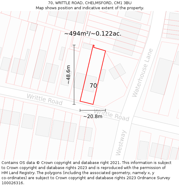 70, WRITTLE ROAD, CHELMSFORD, CM1 3BU: Plot and title map