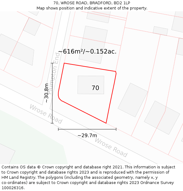 70, WROSE ROAD, BRADFORD, BD2 1LP: Plot and title map
