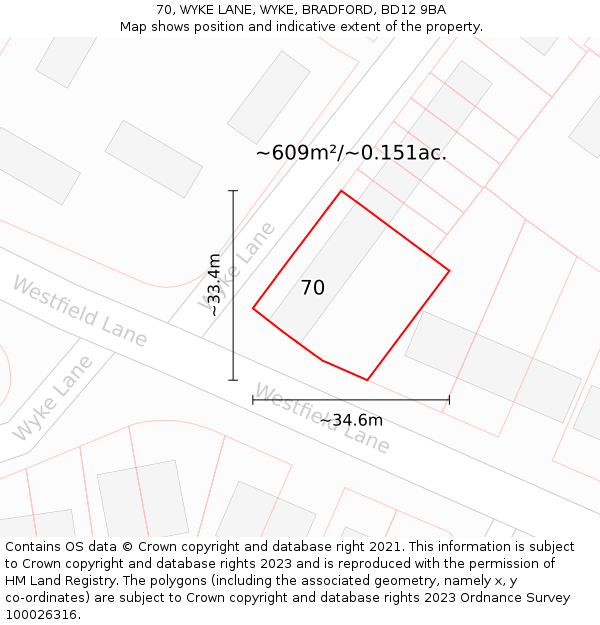 70, WYKE LANE, WYKE, BRADFORD, BD12 9BA: Plot and title map