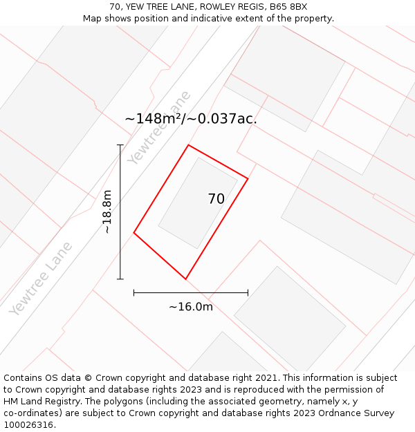 70, YEW TREE LANE, ROWLEY REGIS, B65 8BX: Plot and title map