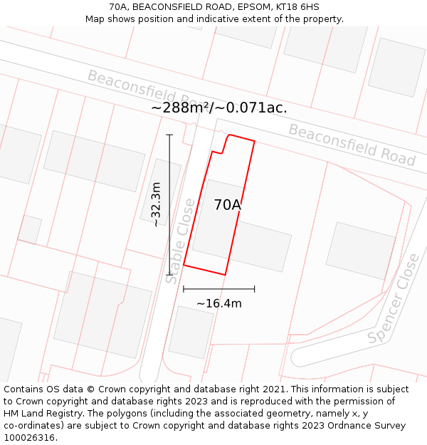 70A, BEACONSFIELD ROAD, EPSOM, KT18 6HS: Plot and title map