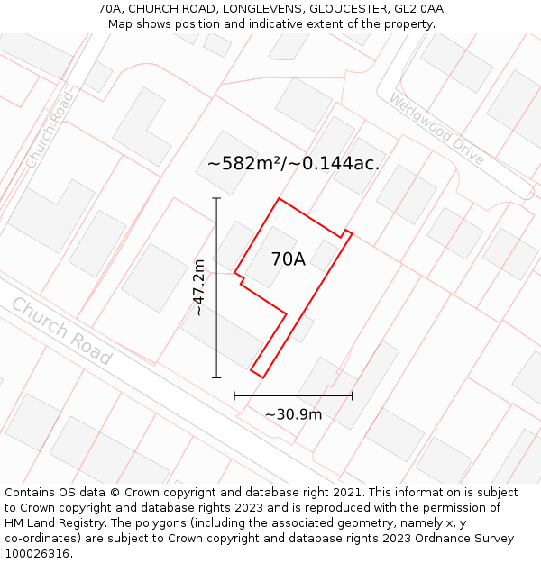 70A, CHURCH ROAD, LONGLEVENS, GLOUCESTER, GL2 0AA: Plot and title map