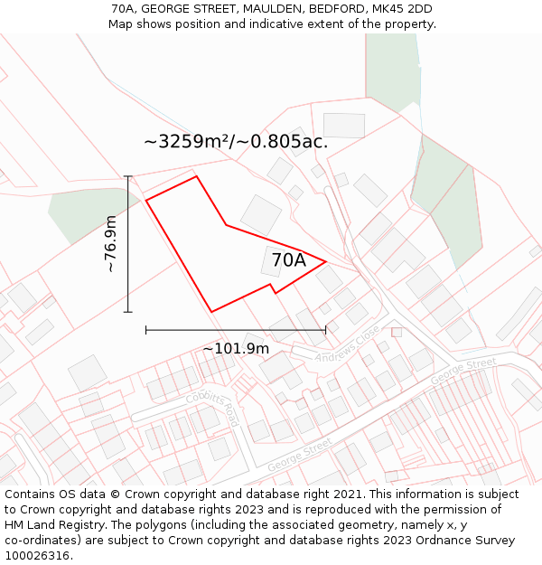 70A, GEORGE STREET, MAULDEN, BEDFORD, MK45 2DD: Plot and title map