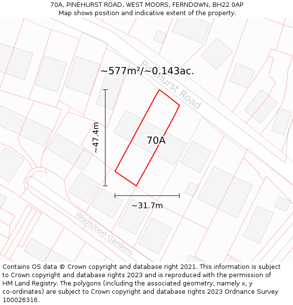 70A, PINEHURST ROAD, WEST MOORS, FERNDOWN, BH22 0AP: Plot and title map