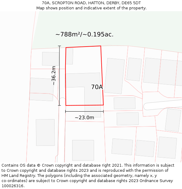 70A, SCROPTON ROAD, HATTON, DERBY, DE65 5DT: Plot and title map