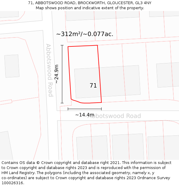 71, ABBOTSWOOD ROAD, BROCKWORTH, GLOUCESTER, GL3 4NY: Plot and title map