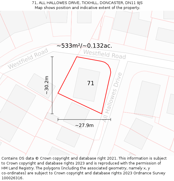 71, ALL HALLOWES DRIVE, TICKHILL, DONCASTER, DN11 9JS: Plot and title map