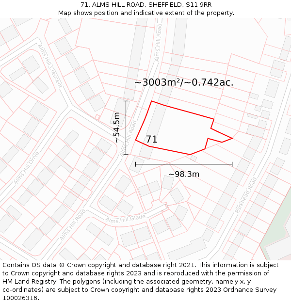 71, ALMS HILL ROAD, SHEFFIELD, S11 9RR: Plot and title map