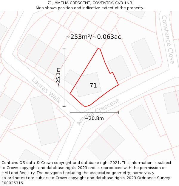 71, AMELIA CRESCENT, COVENTRY, CV3 1NB: Plot and title map