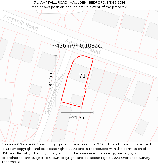 71, AMPTHILL ROAD, MAULDEN, BEDFORD, MK45 2DH: Plot and title map