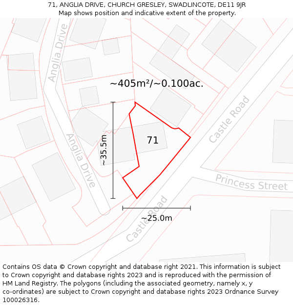 71, ANGLIA DRIVE, CHURCH GRESLEY, SWADLINCOTE, DE11 9JR: Plot and title map