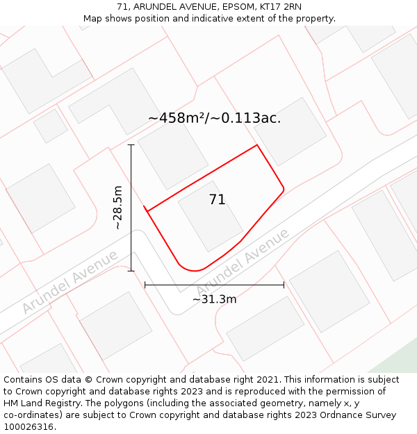 71, ARUNDEL AVENUE, EPSOM, KT17 2RN: Plot and title map