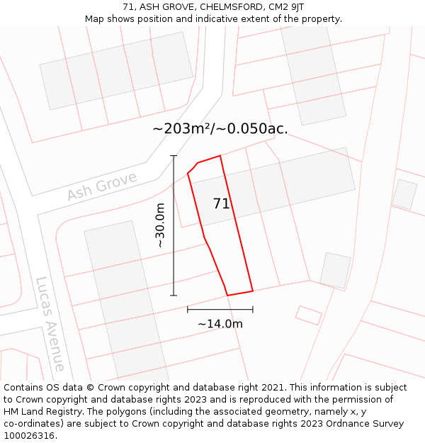 71, ASH GROVE, CHELMSFORD, CM2 9JT: Plot and title map
