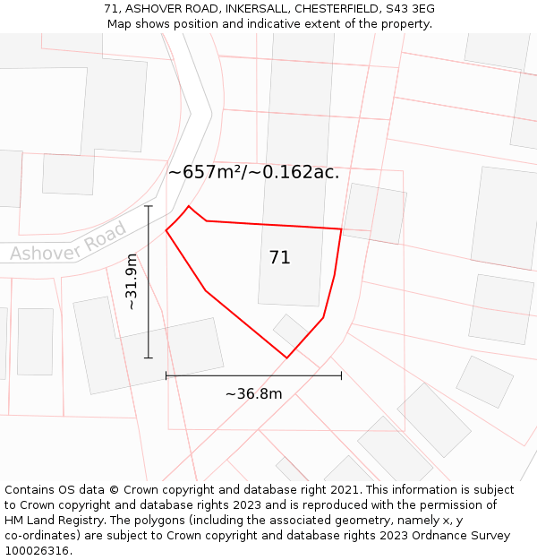 71, ASHOVER ROAD, INKERSALL, CHESTERFIELD, S43 3EG: Plot and title map