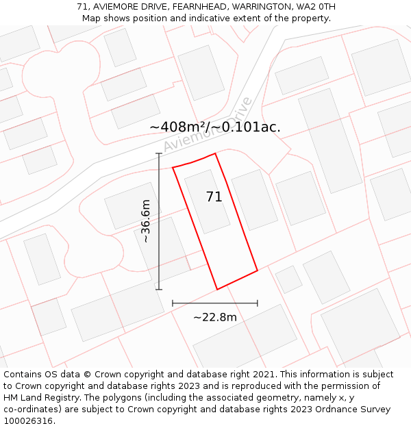 71, AVIEMORE DRIVE, FEARNHEAD, WARRINGTON, WA2 0TH: Plot and title map