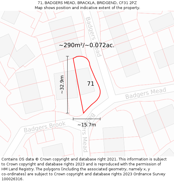 71, BADGERS MEAD, BRACKLA, BRIDGEND, CF31 2PZ: Plot and title map