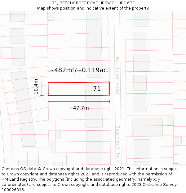 71, BEECHCROFT ROAD, IPSWICH, IP1 6BE: Plot and title map