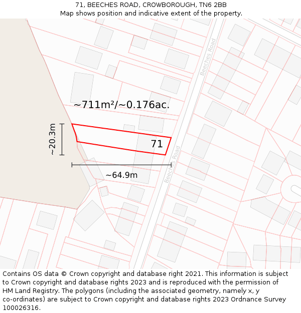 71, BEECHES ROAD, CROWBOROUGH, TN6 2BB: Plot and title map