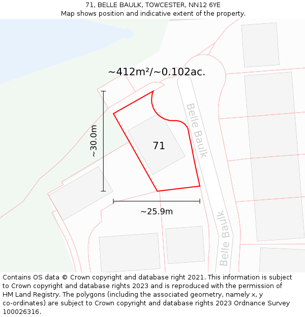 71, BELLE BAULK, TOWCESTER, NN12 6YE: Plot and title map