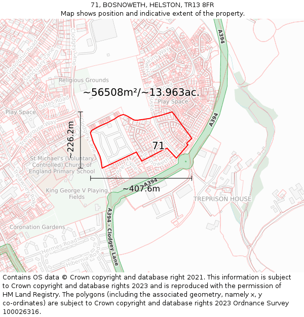 71, BOSNOWETH, HELSTON, TR13 8FR: Plot and title map