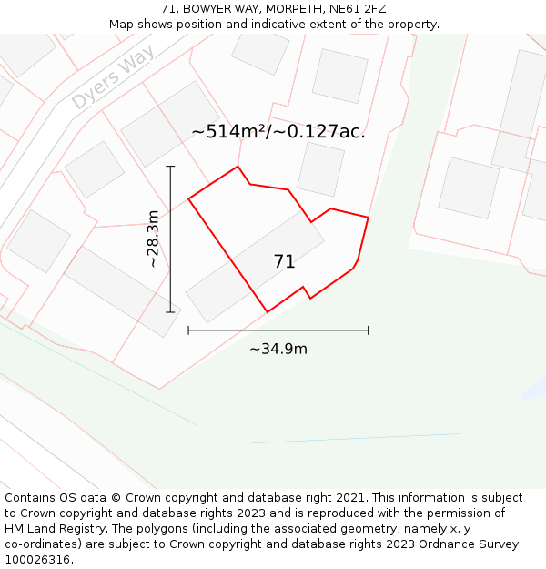 71, BOWYER WAY, MORPETH, NE61 2FZ: Plot and title map