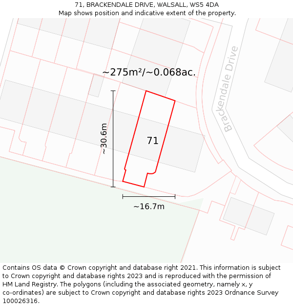 71, BRACKENDALE DRIVE, WALSALL, WS5 4DA: Plot and title map