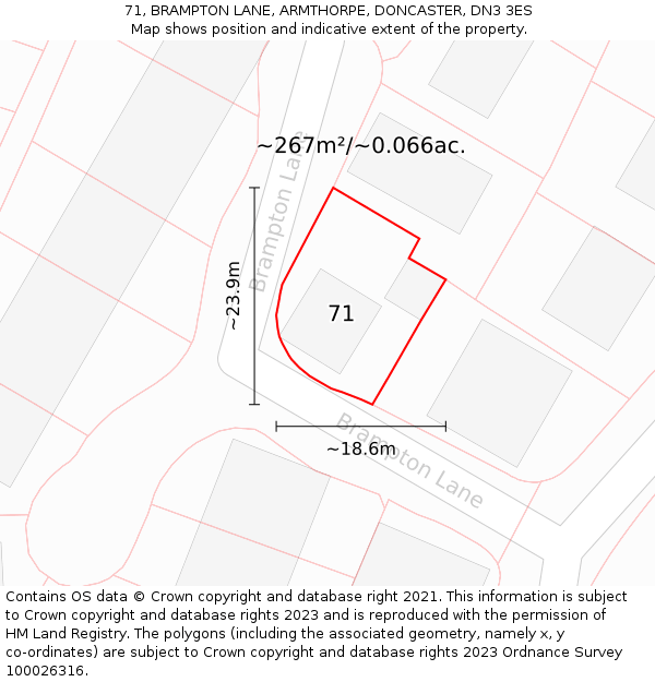 71, BRAMPTON LANE, ARMTHORPE, DONCASTER, DN3 3ES: Plot and title map