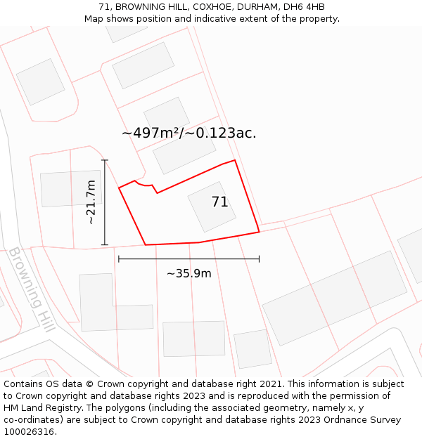 71, BROWNING HILL, COXHOE, DURHAM, DH6 4HB: Plot and title map