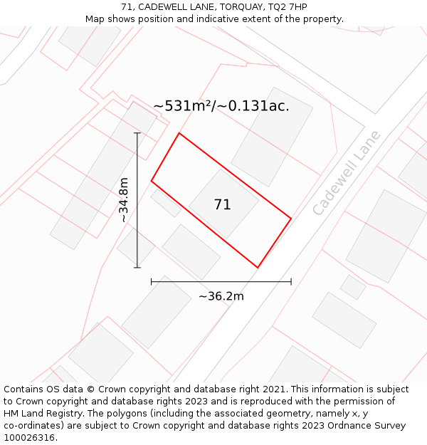 71, CADEWELL LANE, TORQUAY, TQ2 7HP: Plot and title map