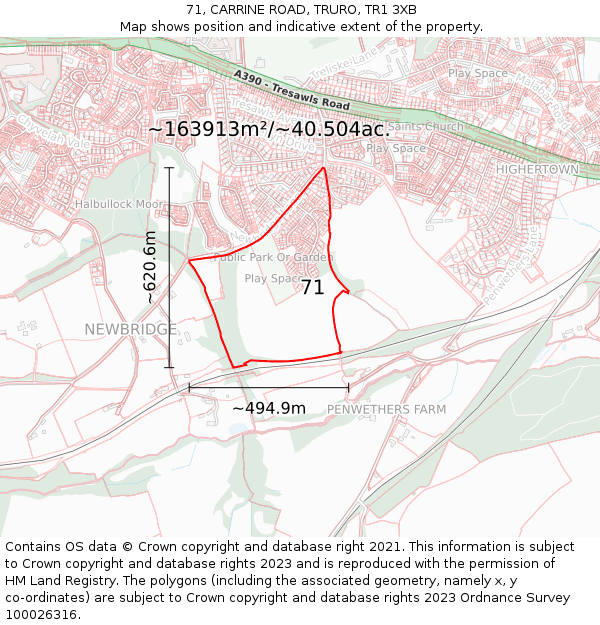 71, CARRINE ROAD, TRURO, TR1 3XB: Plot and title map