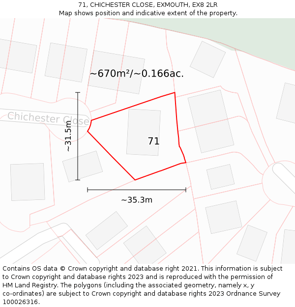 71, CHICHESTER CLOSE, EXMOUTH, EX8 2LR: Plot and title map