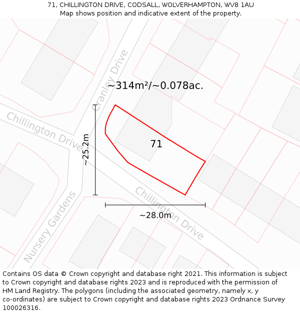 71, CHILLINGTON DRIVE, CODSALL, WOLVERHAMPTON, WV8 1AU: Plot and title map