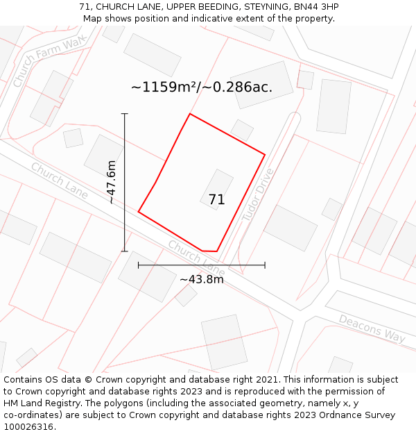 71, CHURCH LANE, UPPER BEEDING, STEYNING, BN44 3HP: Plot and title map