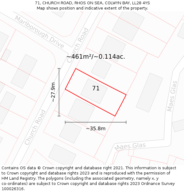 71, CHURCH ROAD, RHOS ON SEA, COLWYN BAY, LL28 4YS: Plot and title map