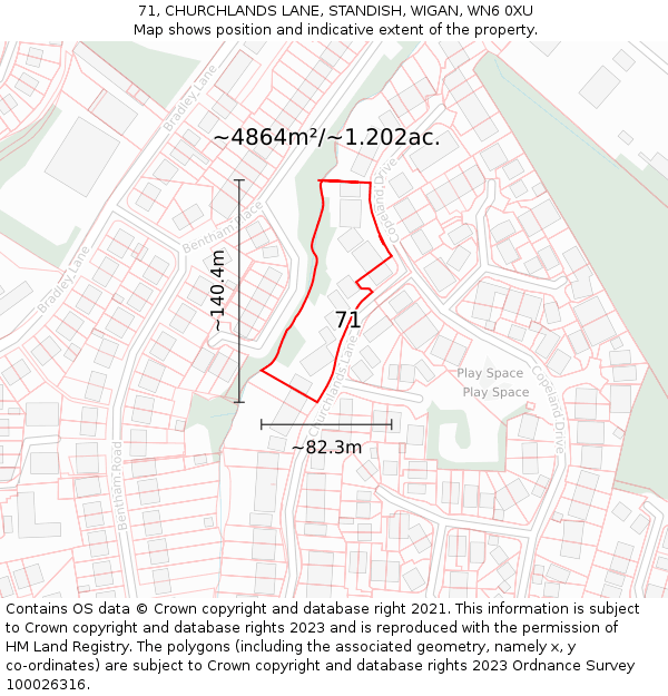71, CHURCHLANDS LANE, STANDISH, WIGAN, WN6 0XU: Plot and title map