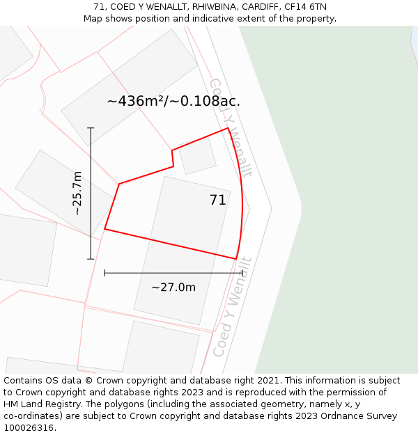 71, COED Y WENALLT, RHIWBINA, CARDIFF, CF14 6TN: Plot and title map