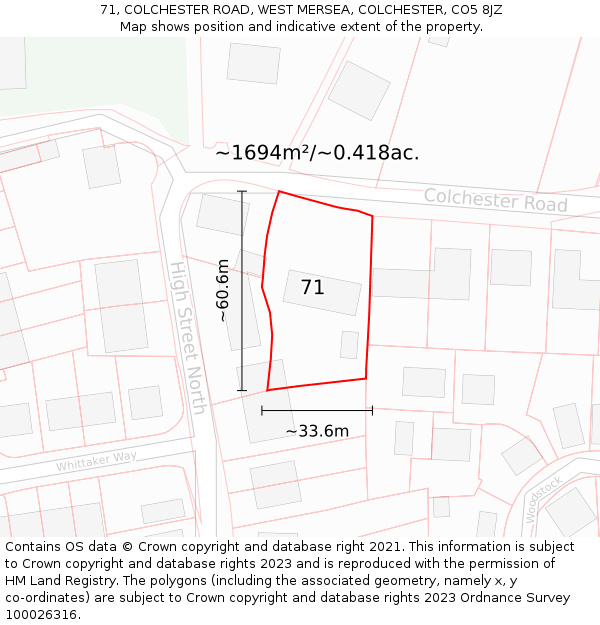 71, COLCHESTER ROAD, WEST MERSEA, COLCHESTER, CO5 8JZ: Plot and title map