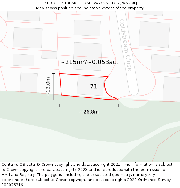 71, COLDSTREAM CLOSE, WARRINGTON, WA2 0LJ: Plot and title map