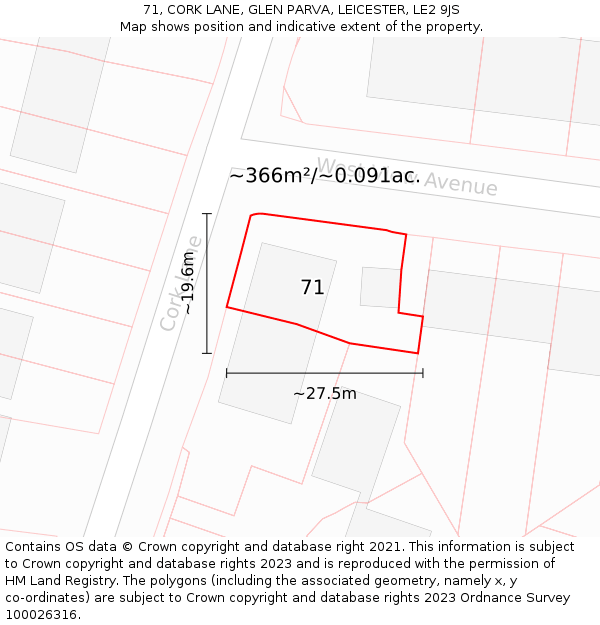71, CORK LANE, GLEN PARVA, LEICESTER, LE2 9JS: Plot and title map