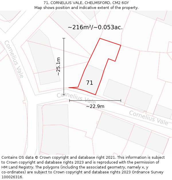 71, CORNELIUS VALE, CHELMSFORD, CM2 6GY: Plot and title map