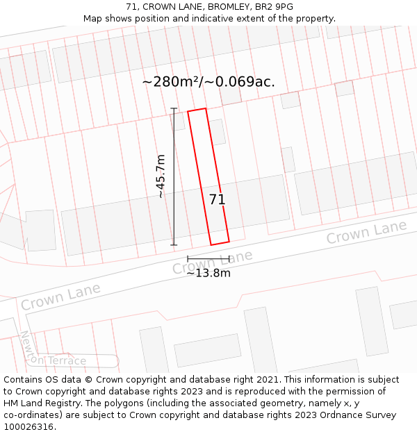 71, CROWN LANE, BROMLEY, BR2 9PG: Plot and title map