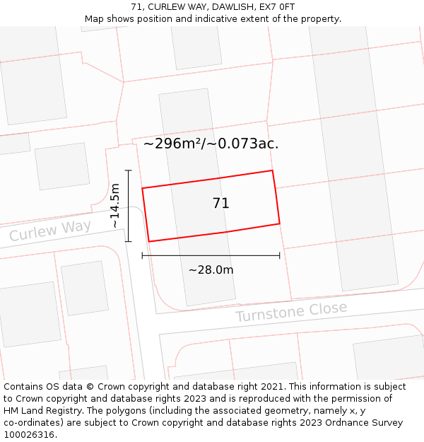 71, CURLEW WAY, DAWLISH, EX7 0FT: Plot and title map