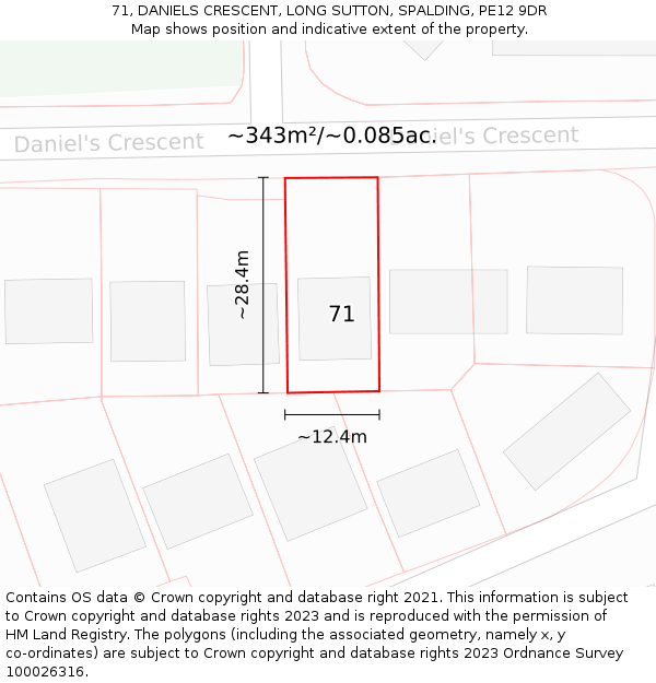 71, DANIELS CRESCENT, LONG SUTTON, SPALDING, PE12 9DR: Plot and title map