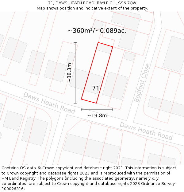 71, DAWS HEATH ROAD, RAYLEIGH, SS6 7QW: Plot and title map