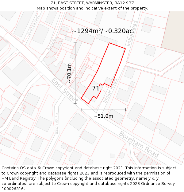 71, EAST STREET, WARMINSTER, BA12 9BZ: Plot and title map