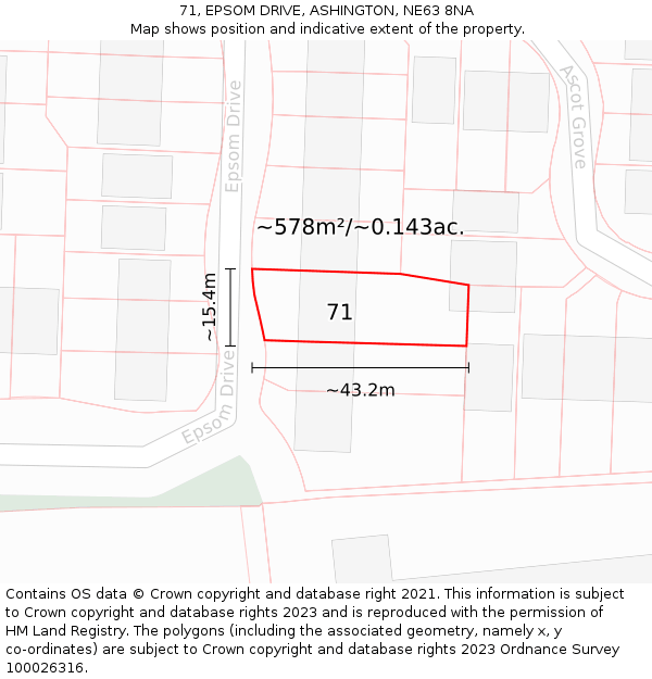 71, EPSOM DRIVE, ASHINGTON, NE63 8NA: Plot and title map
