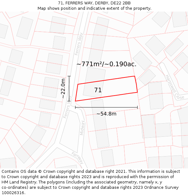 71, FERRERS WAY, DERBY, DE22 2BB: Plot and title map