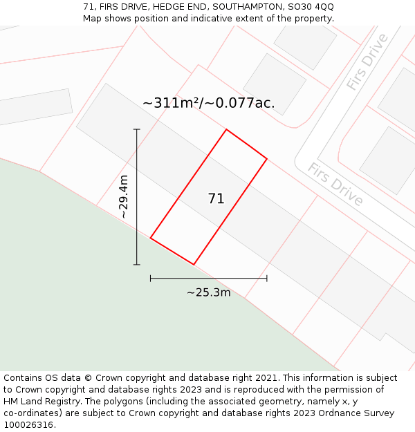 71, FIRS DRIVE, HEDGE END, SOUTHAMPTON, SO30 4QQ: Plot and title map