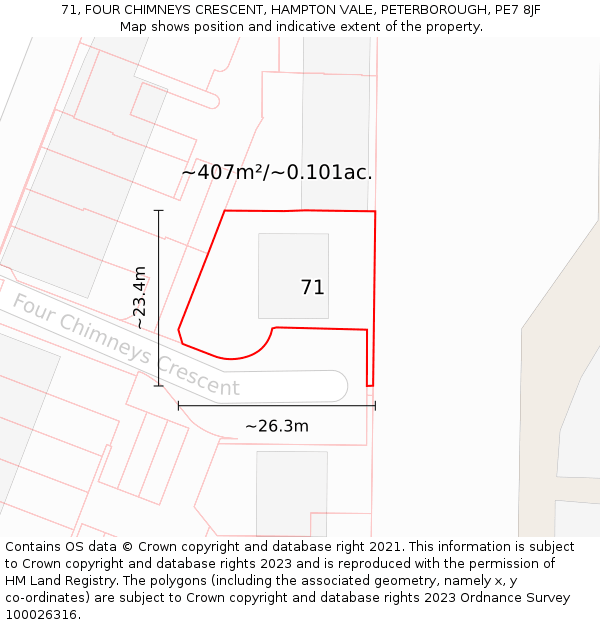 71, FOUR CHIMNEYS CRESCENT, HAMPTON VALE, PETERBOROUGH, PE7 8JF: Plot and title map